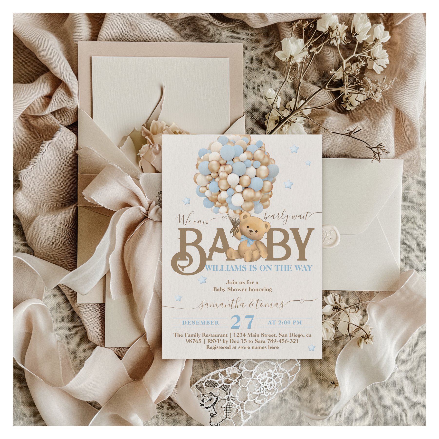 Bearly Wait Boho Blue Balloon Boy Baby Shower Invitation