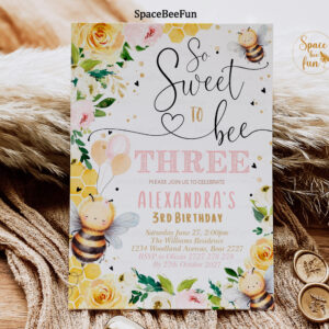 Bee Honey THREE Birthday invitation Boho Girl
