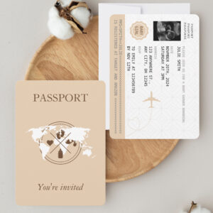 Beige Passport Travel Girl Baby Shower World Map Invitation