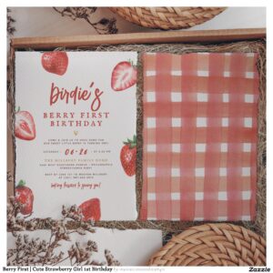 Berry First Cute Strawberry Girl 1st Birthday Invitation