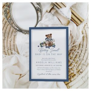 Berry Sweet Blueberry Bear Baby Boy Shower Invitation