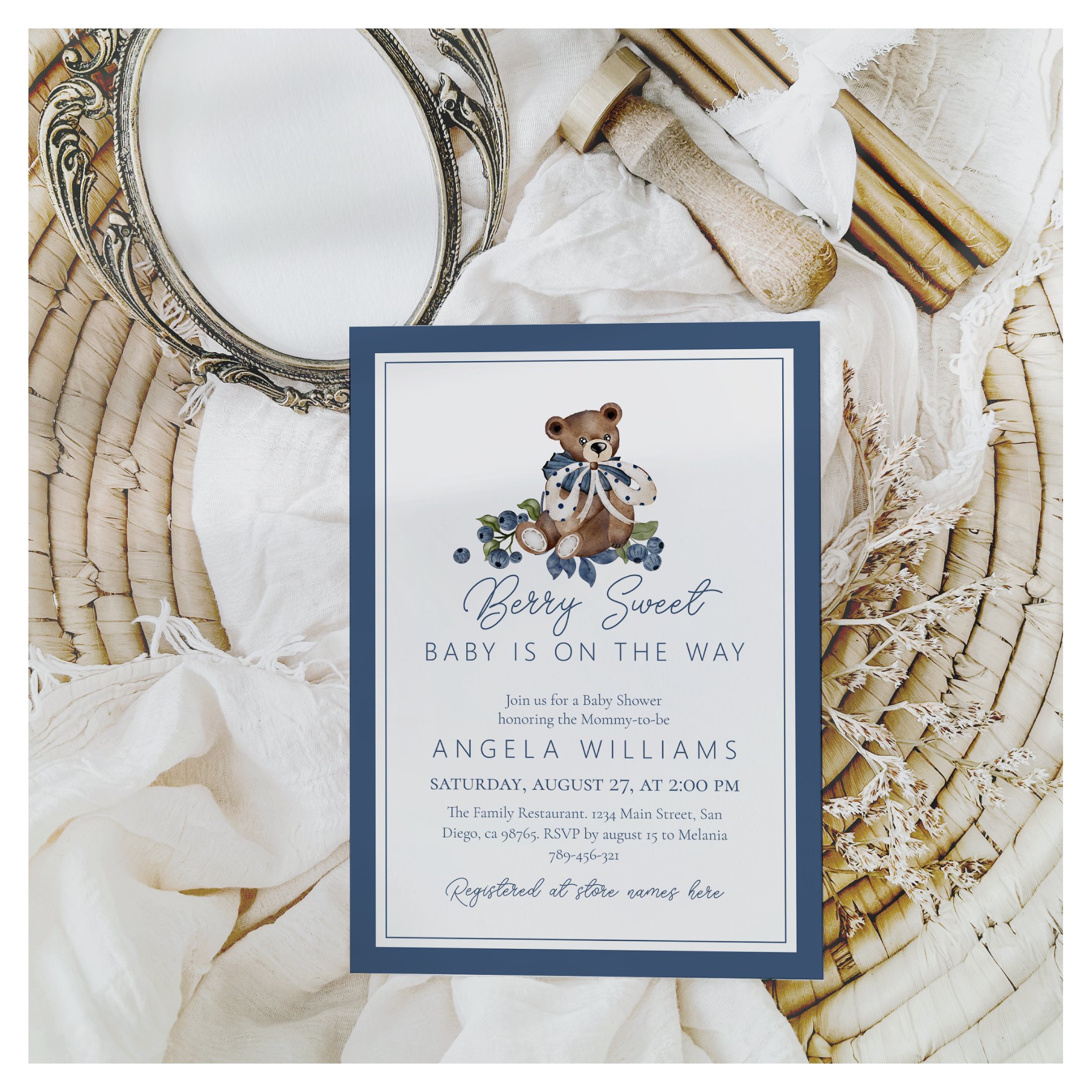 Berry Sweet Blueberry Bear Baby Boy Shower Invitation