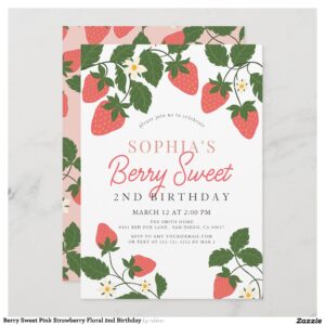 Berry Sweet Pink Strawberry Floral 2nd Birthday Invitation