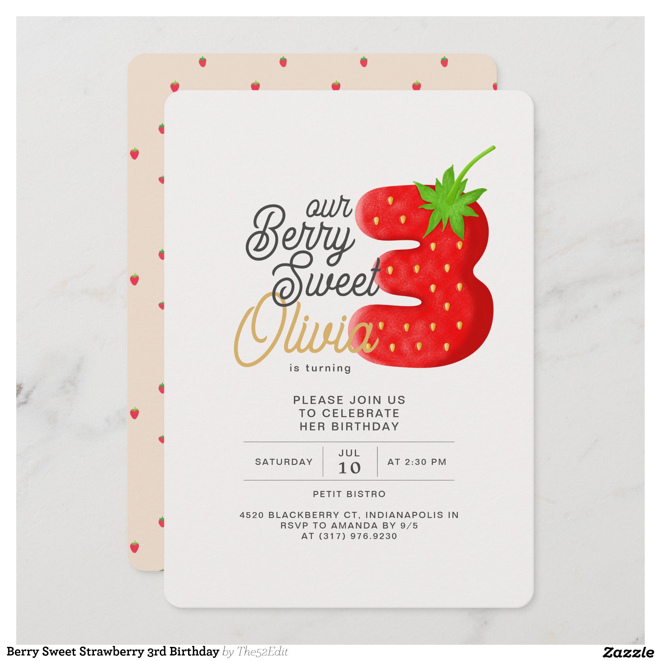 Berry Sweet Strawberry 3rd Birthday Invitation