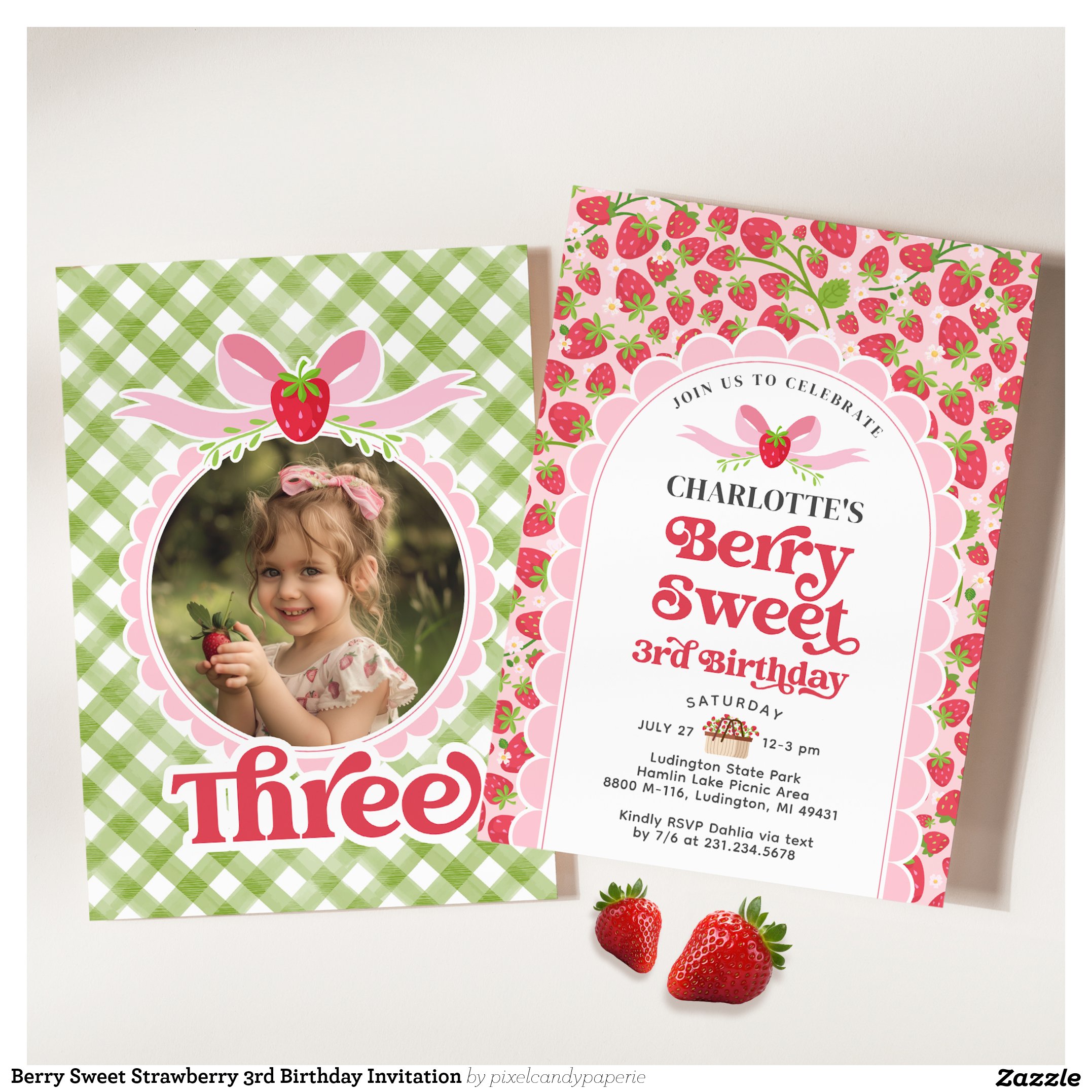Berry Sweet Strawberry 3rd Birthday Invitation