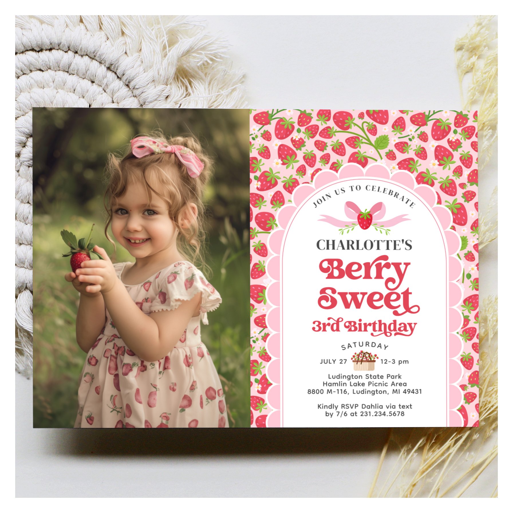 Berry Sweet Strawberry 3rd Birthday Photo Invitation