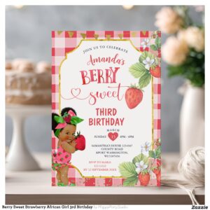 Berry Sweet Strawberry African Girl 3rd Birthday Invitation