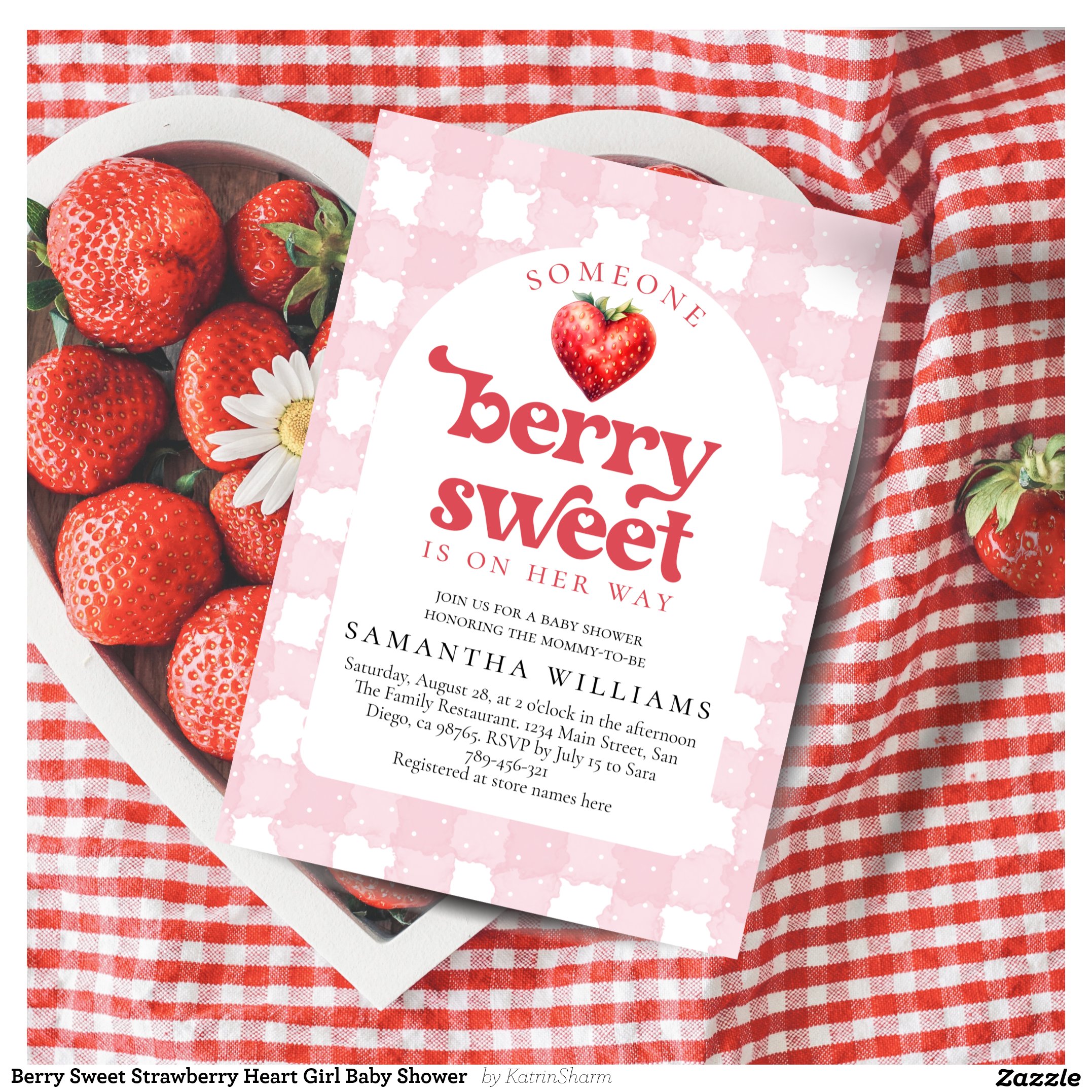 Berry Sweet Strawberry Heart Girl Baby Shower Invitation