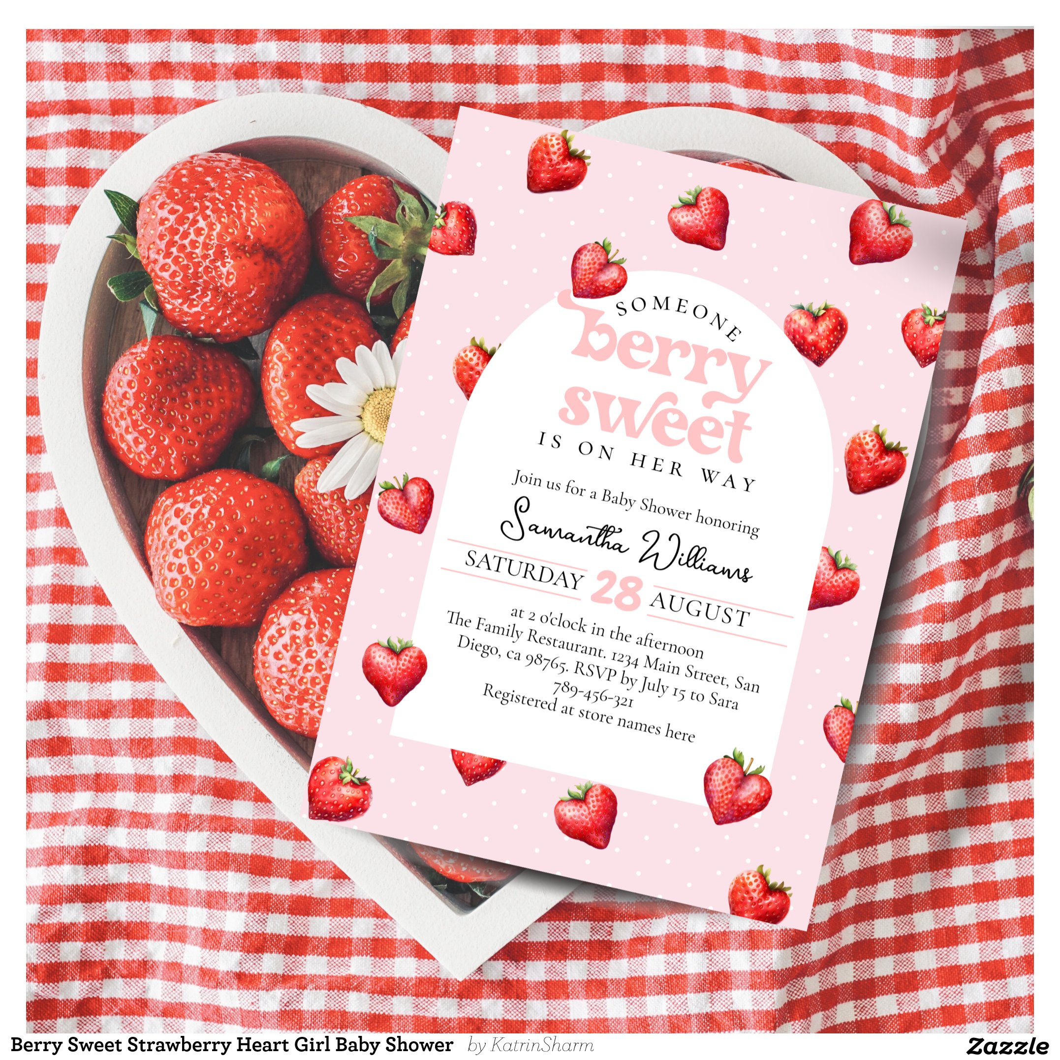 Berry Sweet Strawberry Heart Girl Baby Shower Invitation
