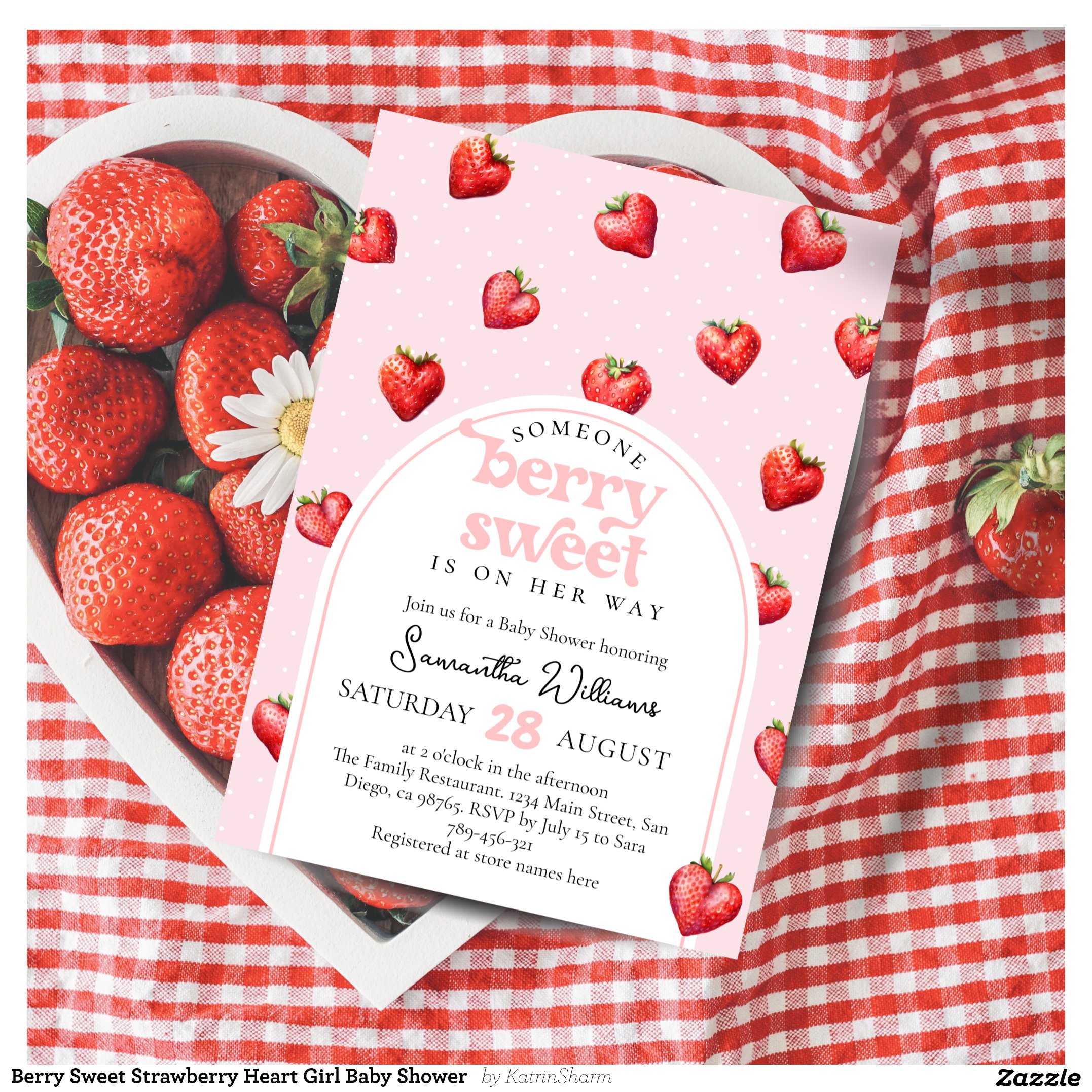 Berry Sweet Strawberry Heart Girl Baby Shower Invitation