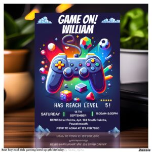 Best boy cool kids gaming level up 5th birthday invitation
