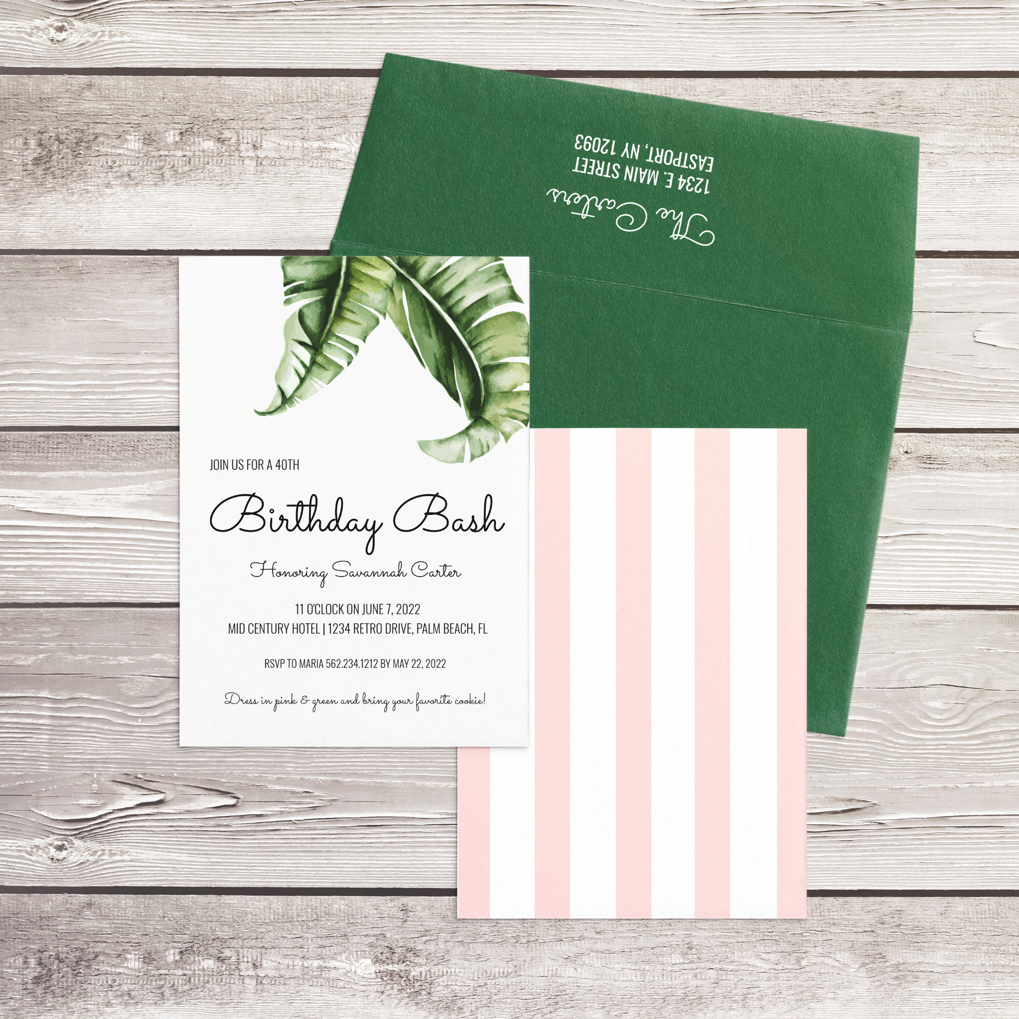 Beverly Hills Green & Pink Birthday Party Invitation