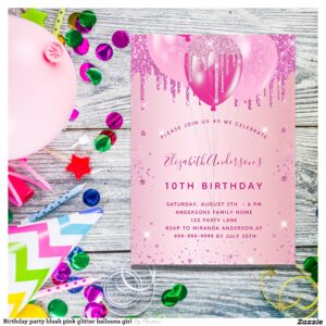 Birthday party blush pink glitter balloons girl invitation