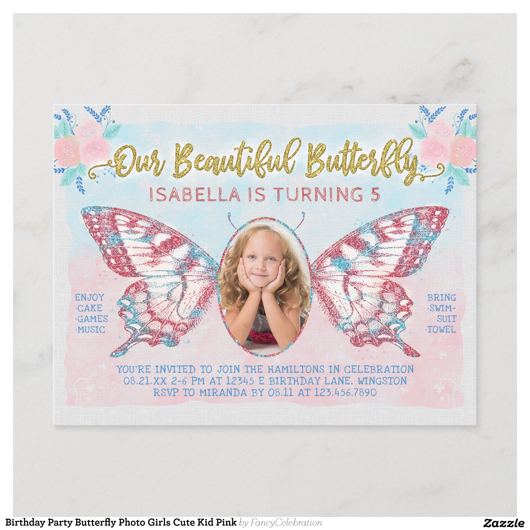 Birthday Party Butterfly Photo Girls Cute Kid Pink Invitation Postcard