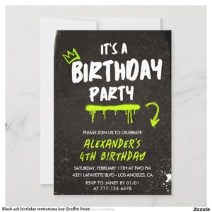 Black 4th birthday invitations boy Graffiti Paint