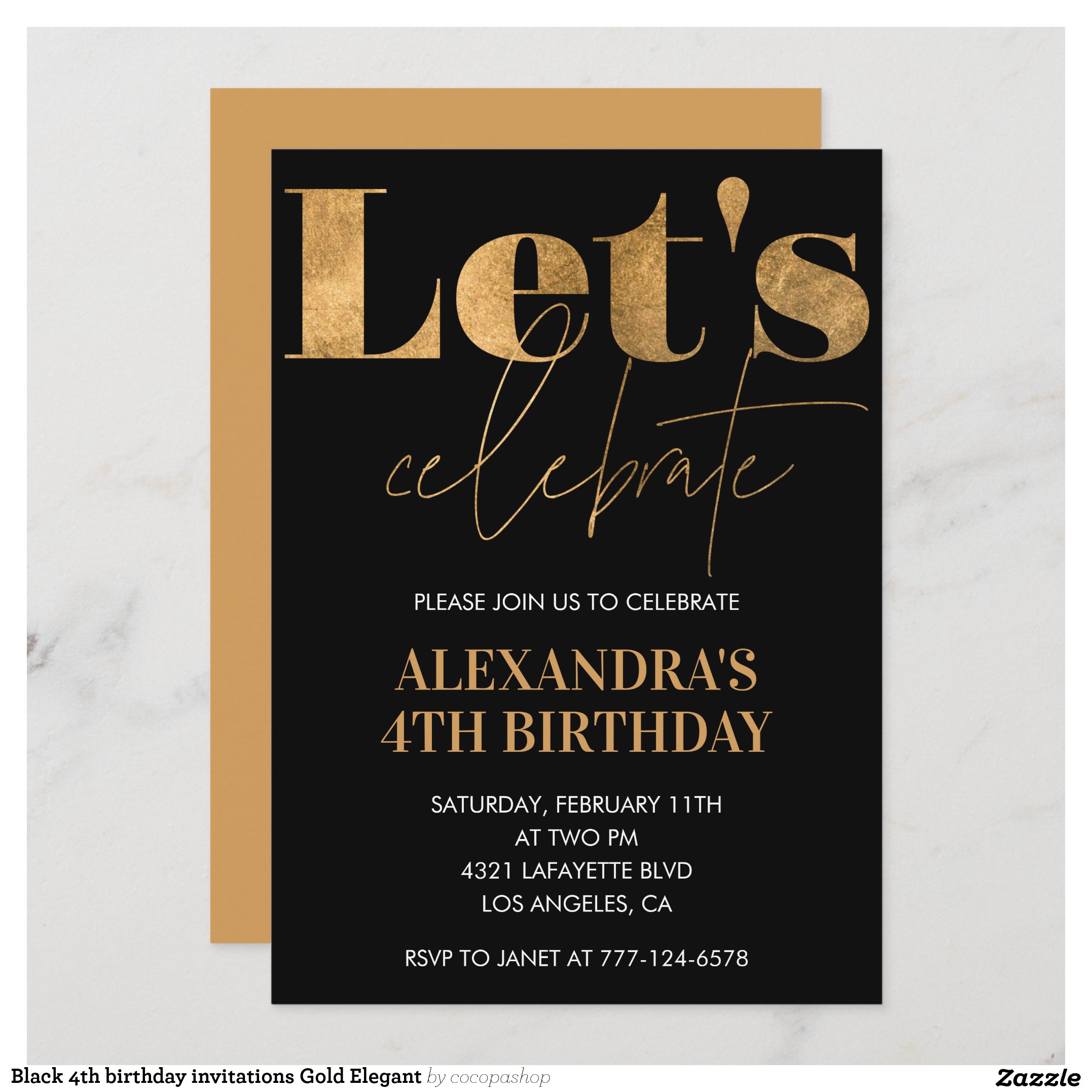 Black 4th birthday invitations Gold Elegant