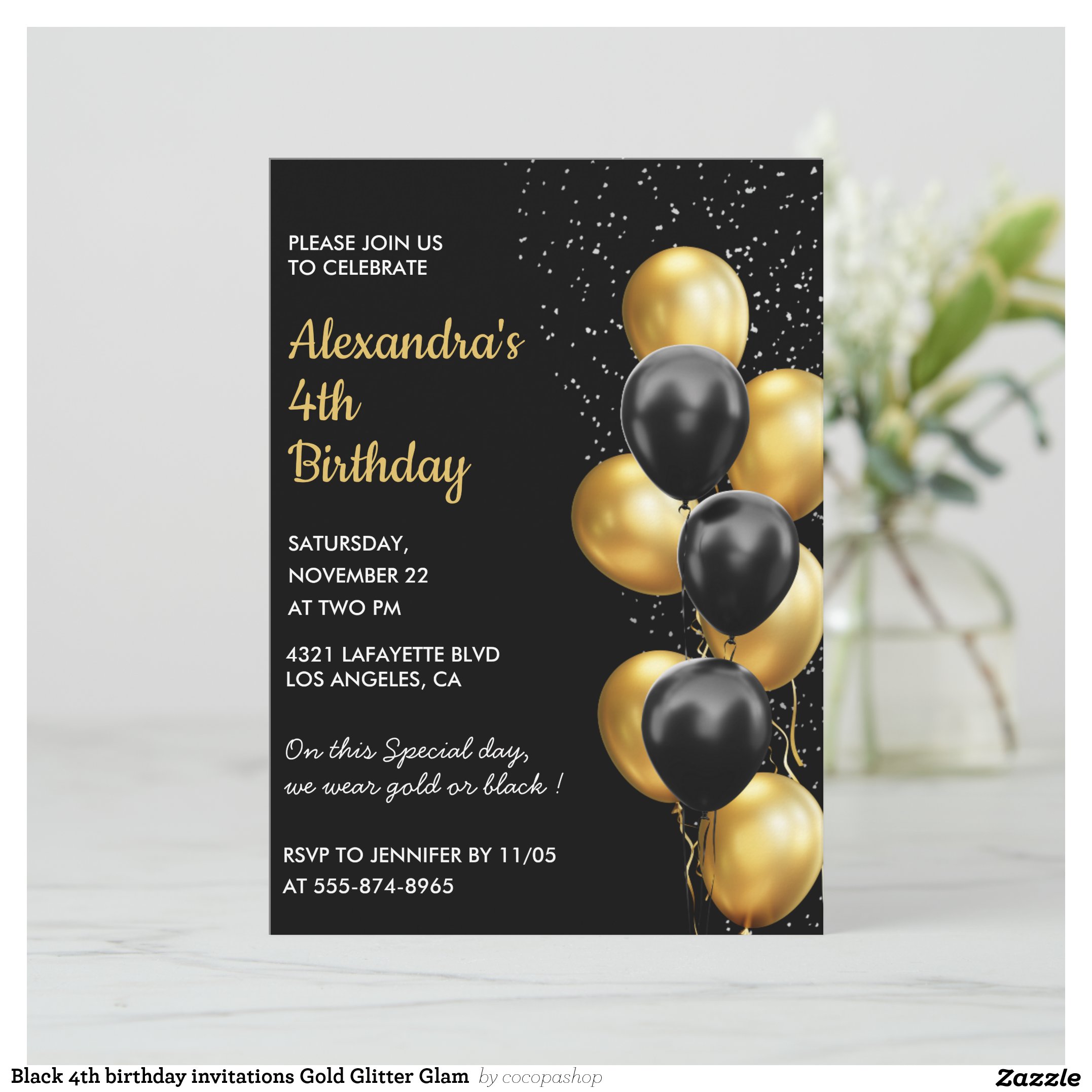 Black 4th birthday invitations Gold Glitter Glam