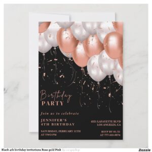 Black 4th birthday invitations Rose gold Pink