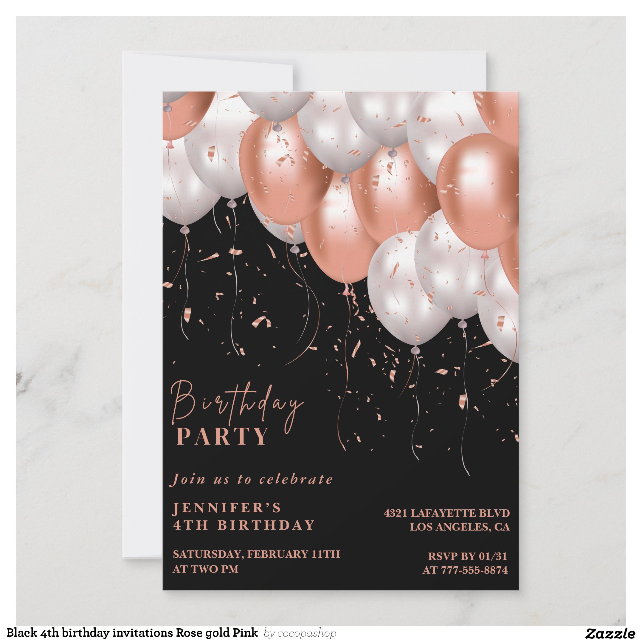 Black 4th birthday invitations Rose gold Pink