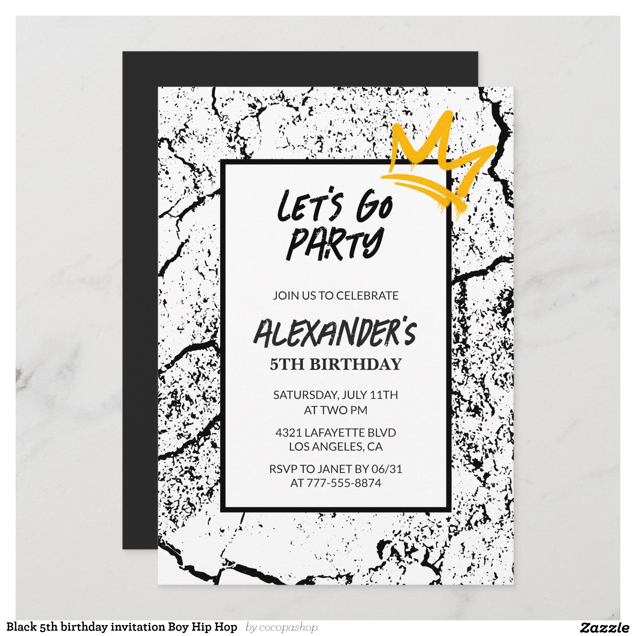 Black 5th birthday invitation Boy Hip Hop