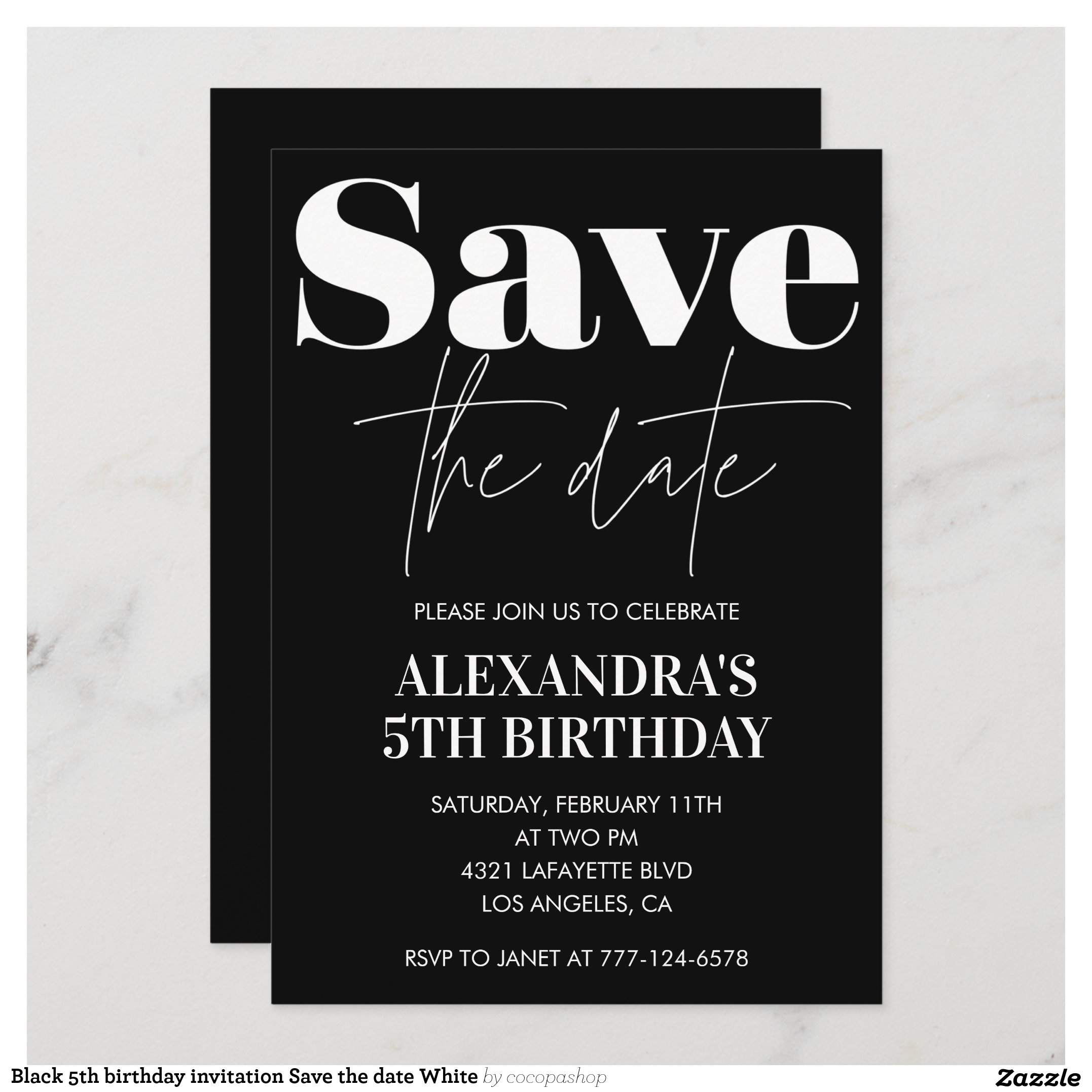Black 5th birthday invitation Save the date White