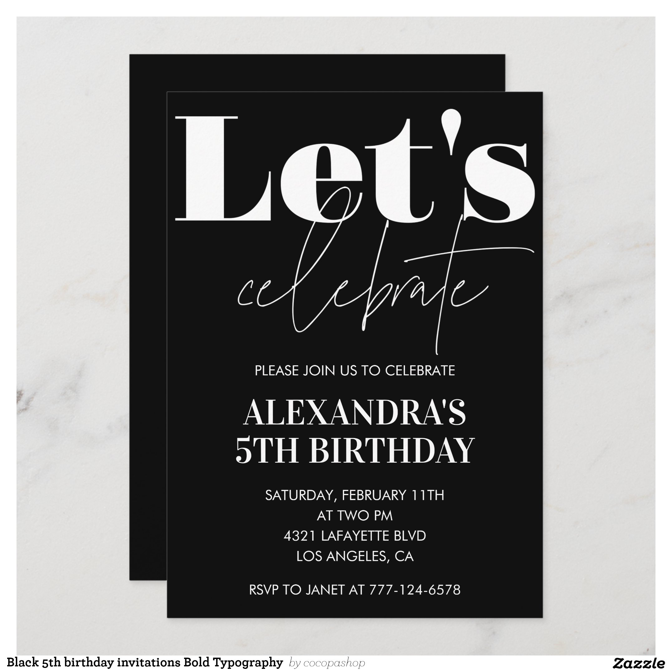 Black 5th birthday invitations Bold Typography
