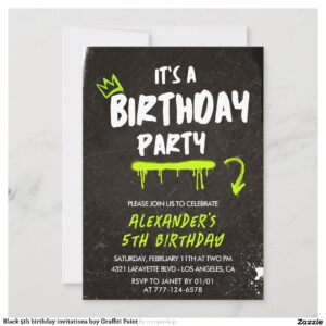 Black 5th birthday invitations boy Graffiti Paint
