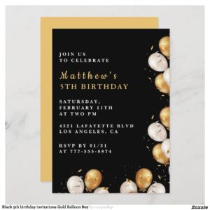 Black 5th birthday invitations Gold Balloon Boy