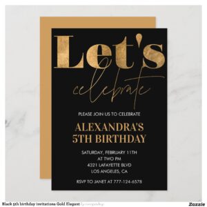 Black 5th birthday invitations Gold Elegant