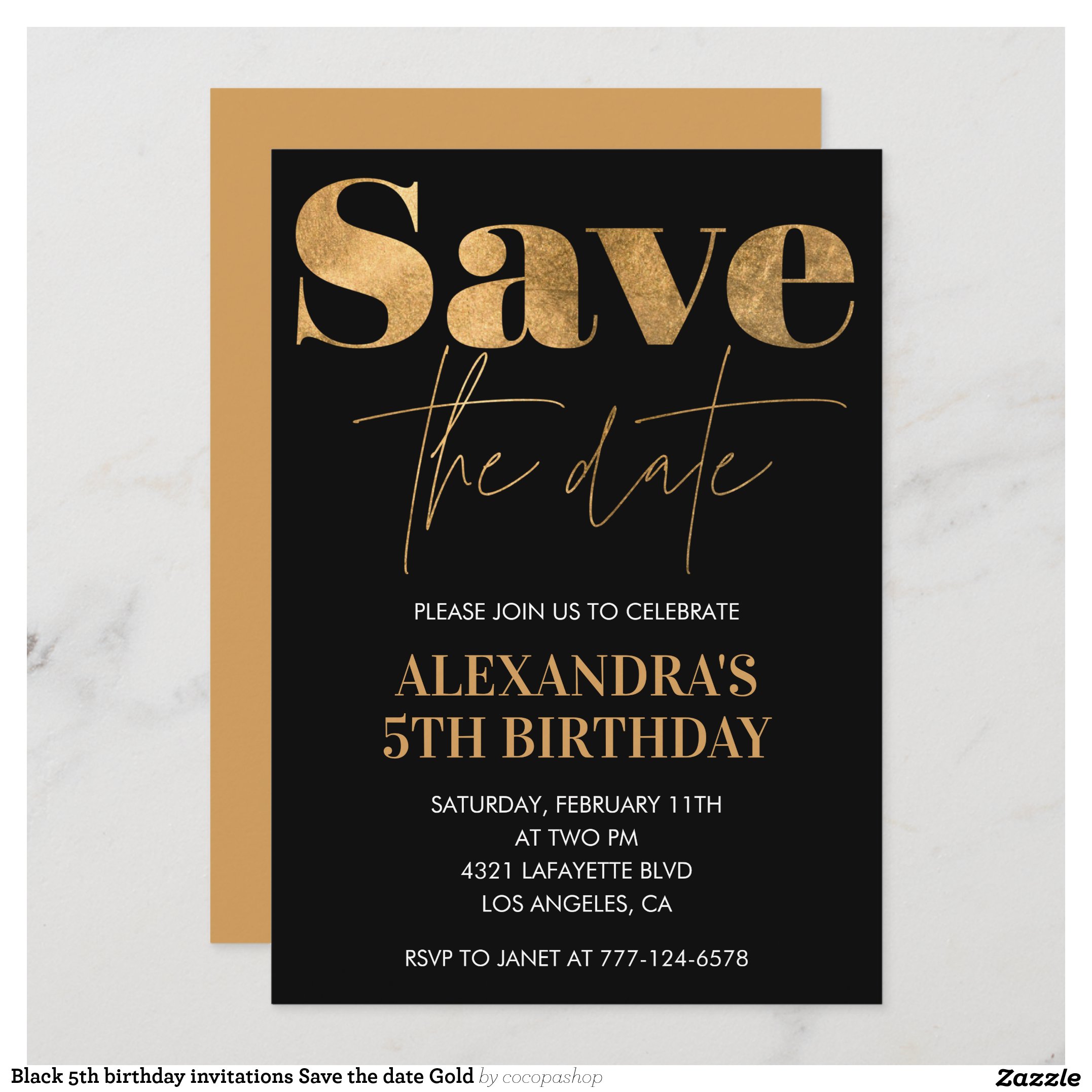Black 5th birthday invitations Save the date Gold