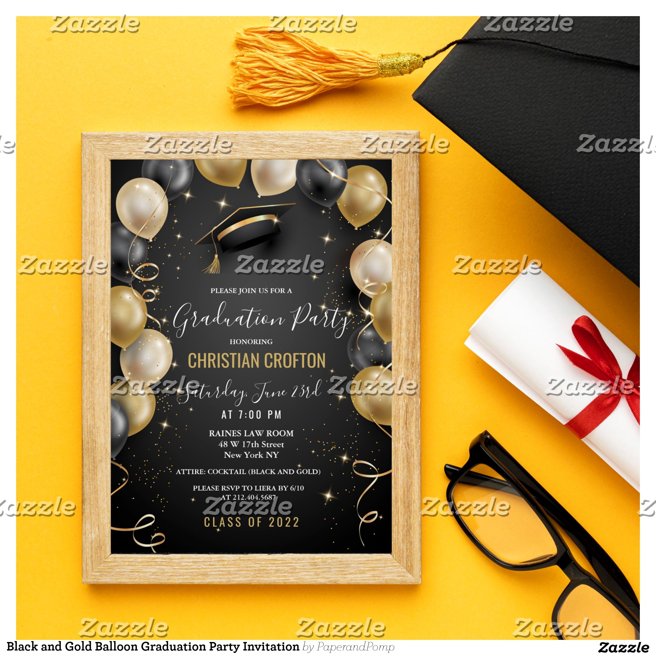 Black and Gold Balloon Graduation Party Invitation