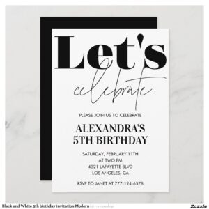 Black and White 5th birthday invitation Modern