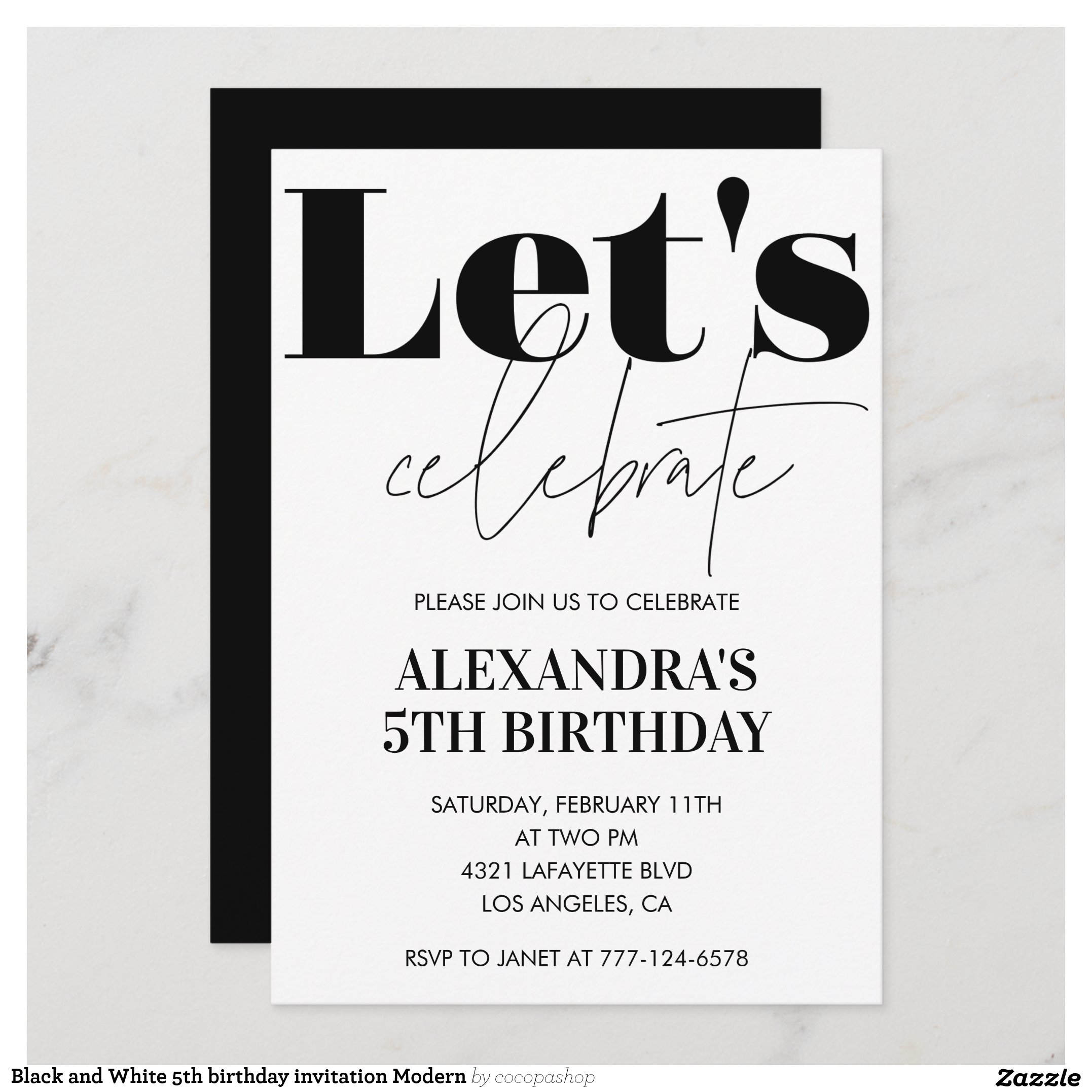 Black and White 5th birthday invitation Modern