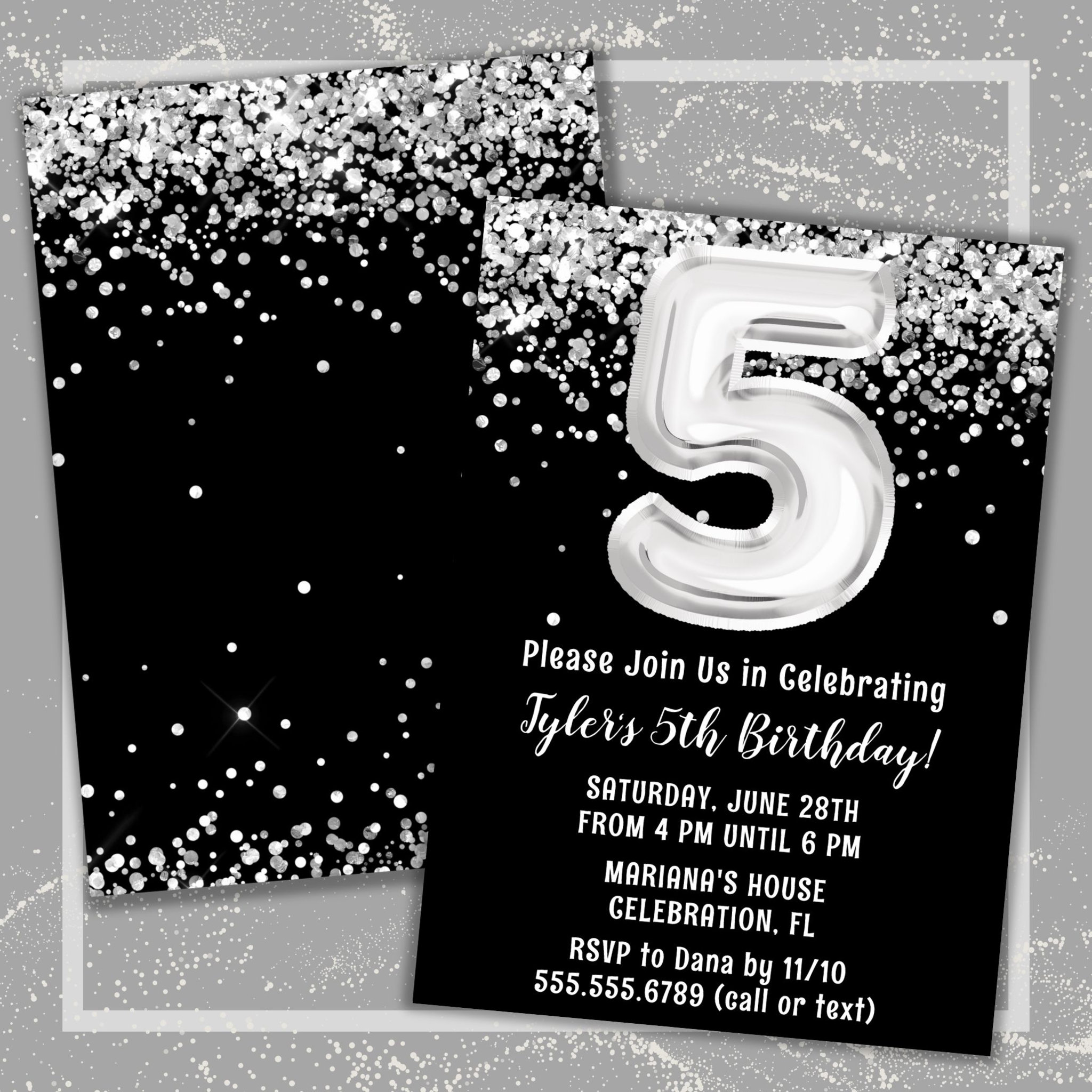 Black and White 5th Birthday Party Invitation