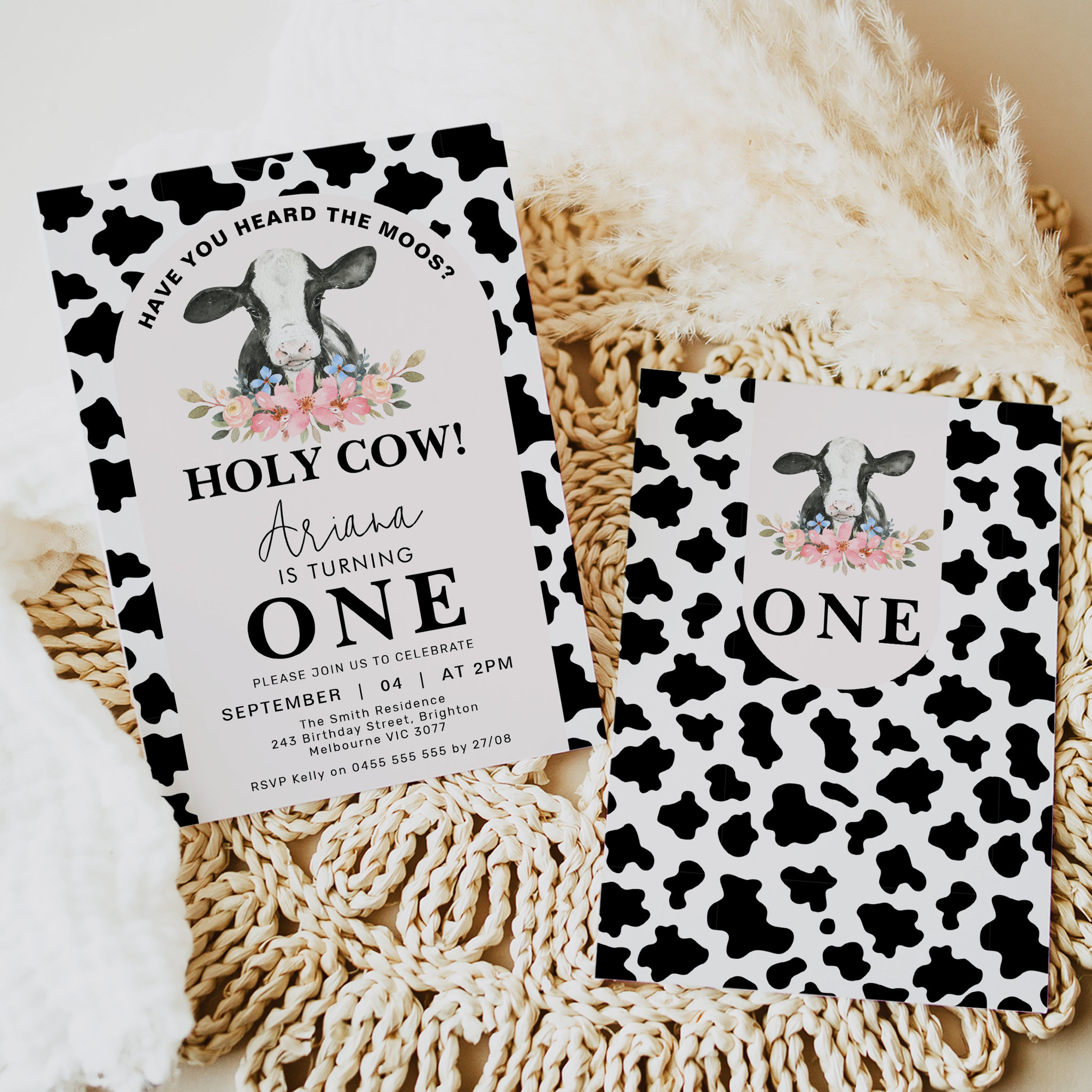 Black Cow Print Arch Floral Holy Cow 1st Birthday Invitation