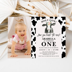 Black Cow Print Arch Photo Holy Cow 1st Birthday Invitation