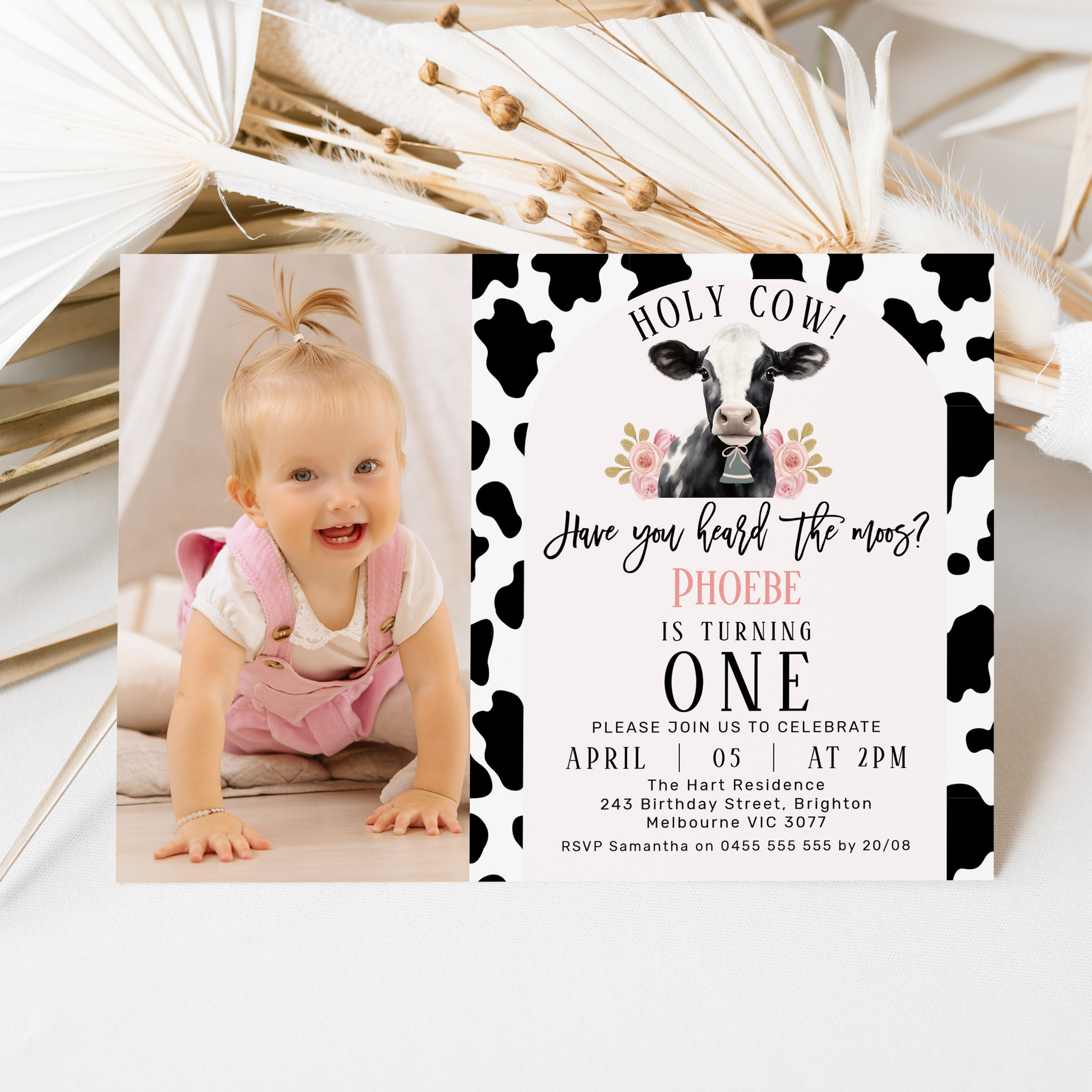 Black Cow Print Photo Holy Cow 1st Birthday Invitation