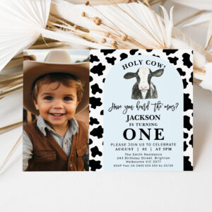 Black Cow Print Photo Holy Cow 1st Birthday Invitation
