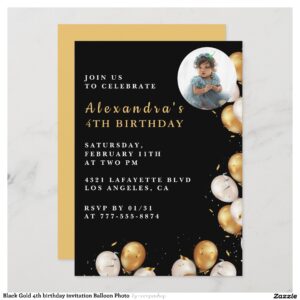 Black Gold 4th birthday invitation Balloon Photo