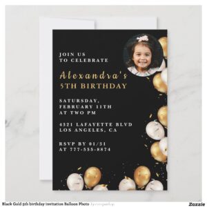 Black Gold 5th birthday invitation Balloon Photo