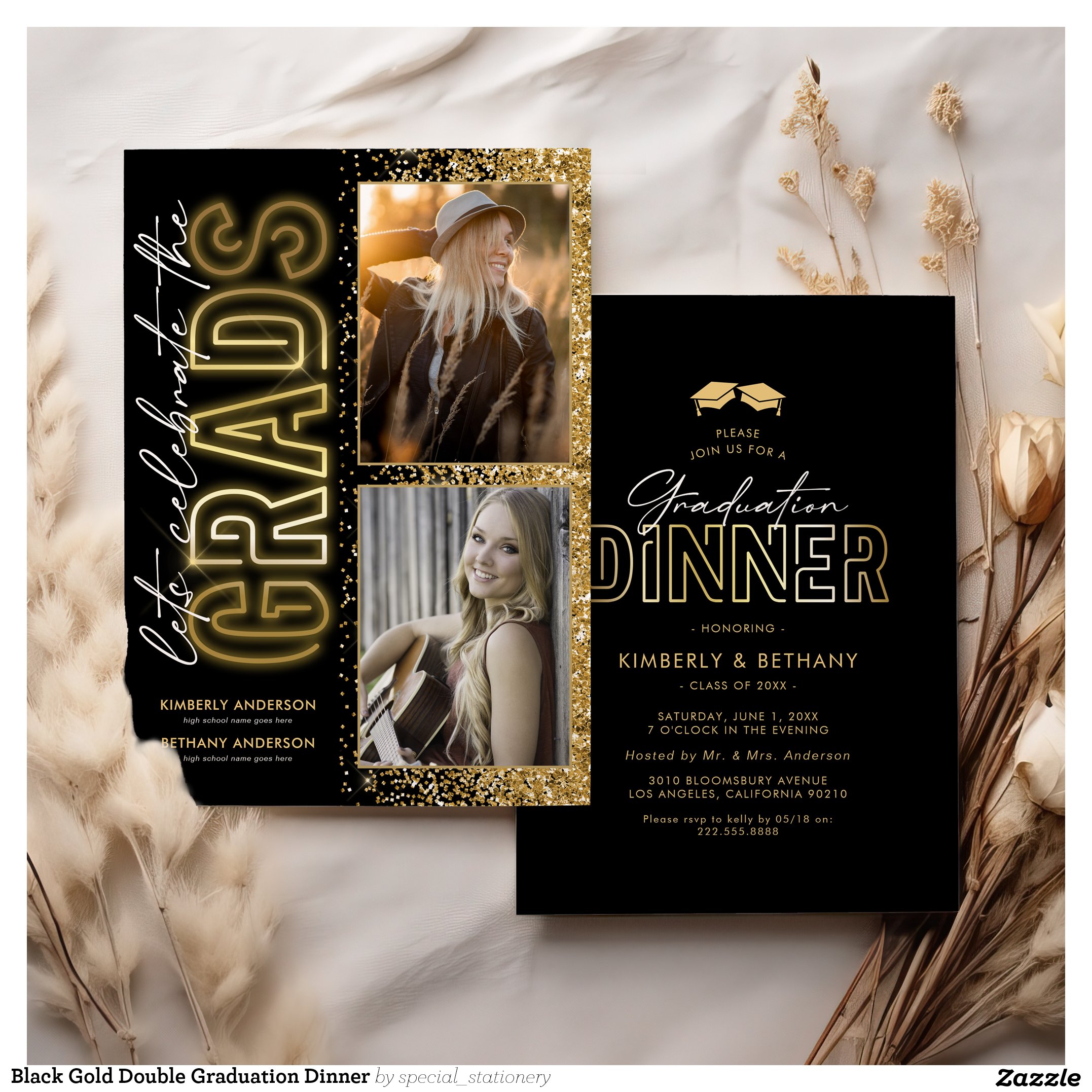 Black Gold Double Graduation Dinner Invitation