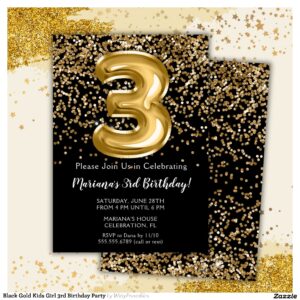 Black Gold Kids Girl 3rd Birthday Party Invitation