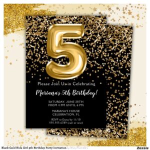 Black Gold Kids Girl 5th Birthday Party Invitation
