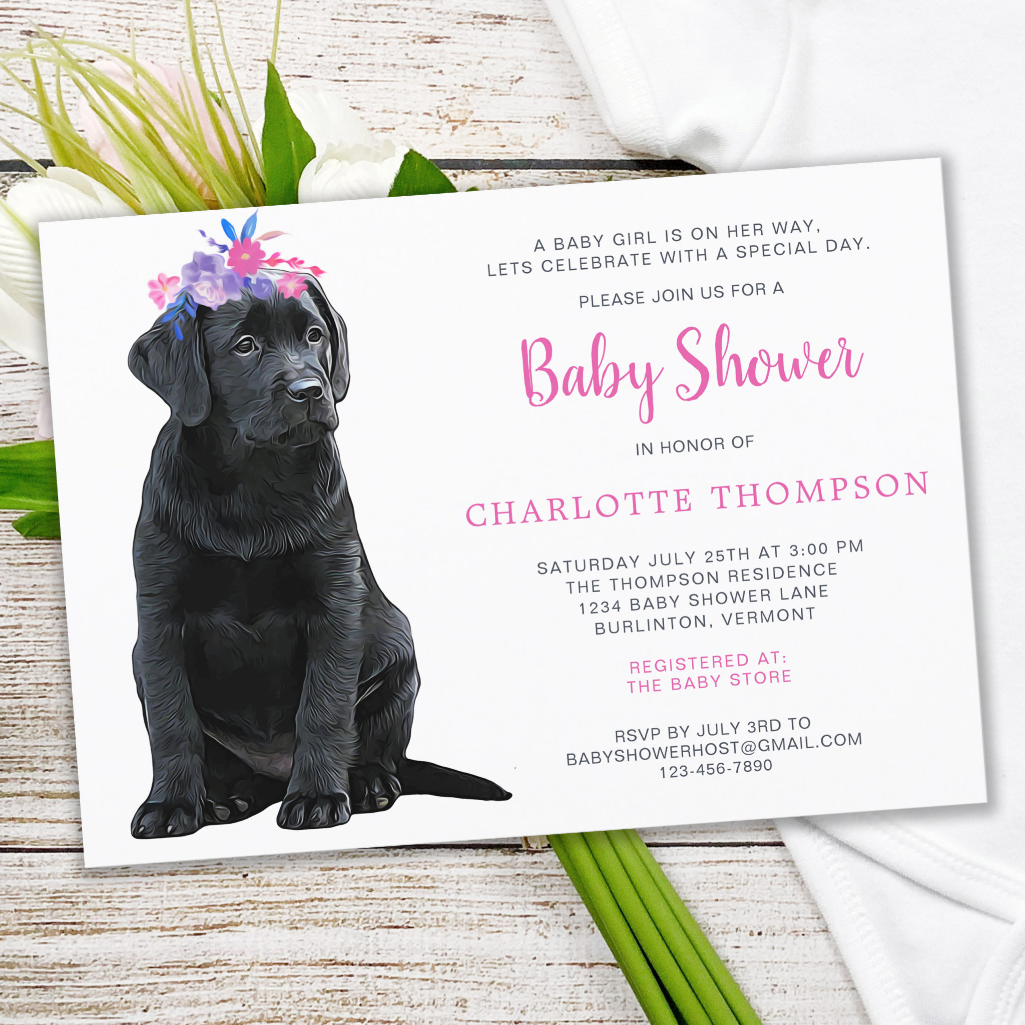 Black Labrador Retriever Baby Shower Pink Girl Invitation