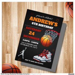 Black Orange Basketball Birthday Invitation