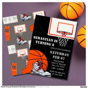 Black Orange Basketball Birthday Invitations