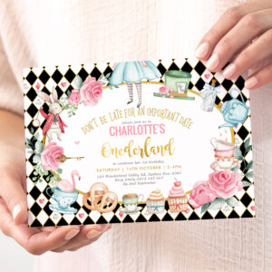 Black Pink Gold Alice in Onederland Birthday Tea Invitation