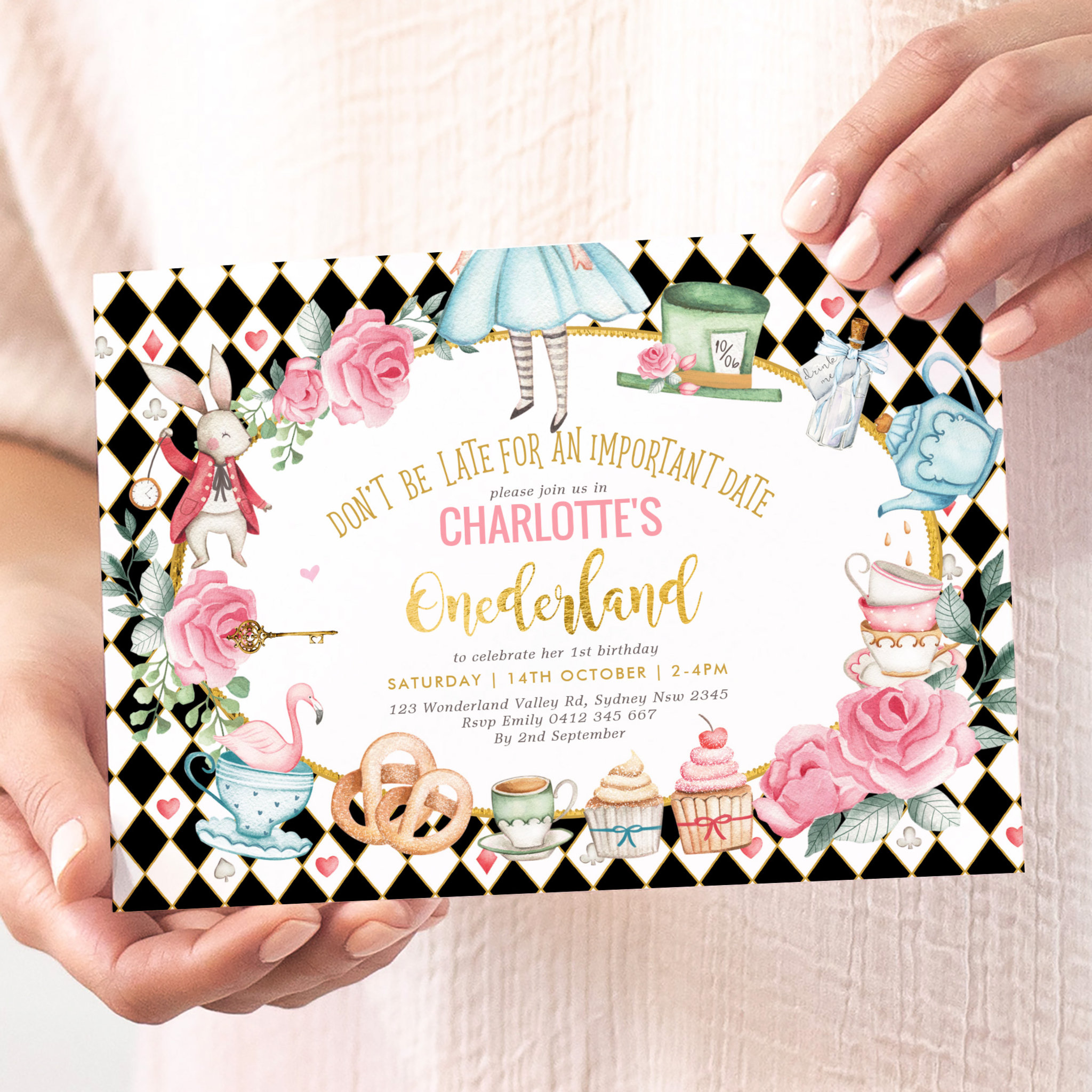 Black Pink Gold Alice in Onederland Birthday Tea Invitation