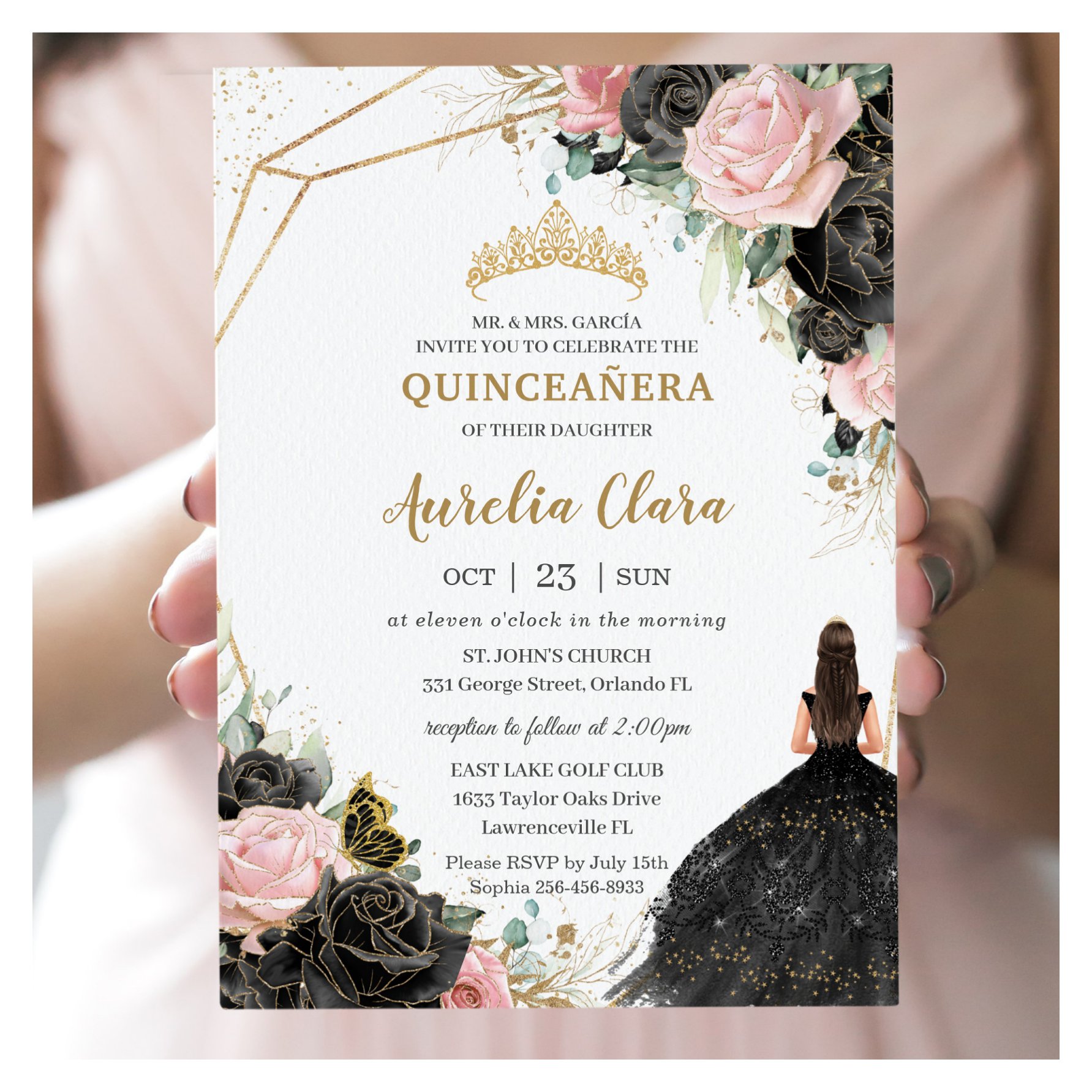 Black Pink Roses Floral Quincea?era Sweet Sixteen Invitation