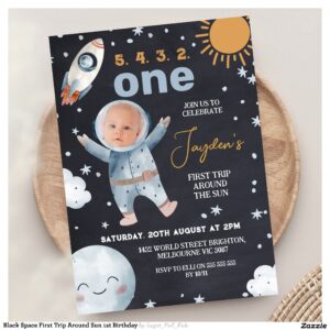 Black Space First Trip Around Sun 1st Birthday Invitation